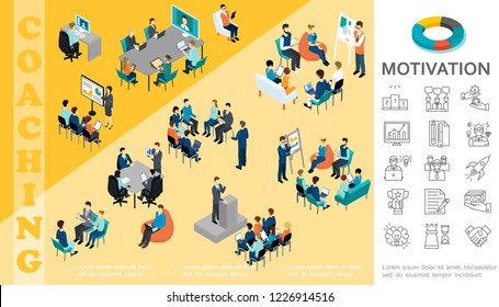 Isometric business education concept with staff take part in conference coaching seminar brainstorming consultation motivation linear icons vector illustration