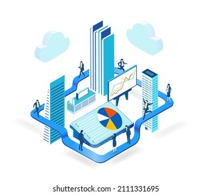 Isometric Business Environment. Global Business In The City. Business People, Team Working In Server Room, Big Data Analyse, New Business, Start Up, Technology, Computing, Automatisation Concept  