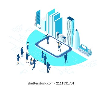 Isometric business environment. Global business in the City. Business people, team having a meeting. People talking, analysing, progress in business, start up, technology, computing concept