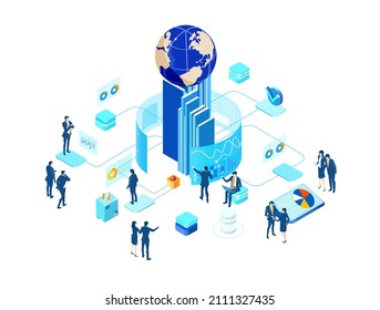 Isometric business environment. Global business. Business people, team working in server room, big data analyse, new business, start up, technology, computing, automatisation concept  