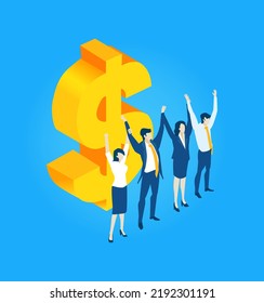 Isometric business environment infographic. Making money. Business people holding hands up  next to big golden dollar. Banking, investment, profit, financial advisory concept.