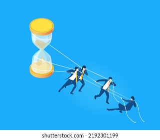 Isometric business environment infographic. Making money. Business people pulling hourglass. Banking, investment, profit, financial advisory concept.