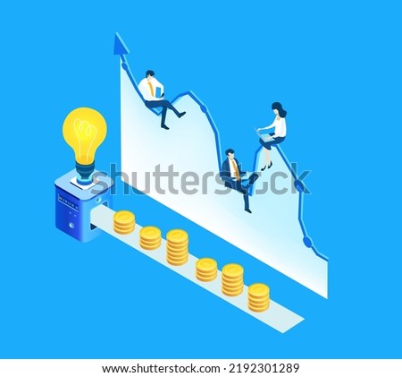 Isometric business environment infographic. Making money. Business people working with golden coins. Banking, investment, profit, financial advisory concept.