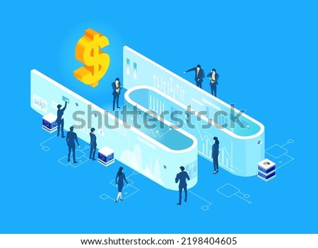 Isometric business environment infographic. Making money. Business people working in data centre next to big golden dollar. Banking, investment, profit, financial advisory concept.