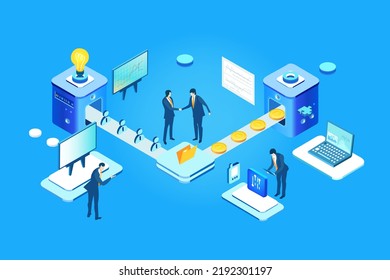 Isometric business environment infographic. Business people working next to conveyer belt. Manufactory, production line, producing, chain supply, making money