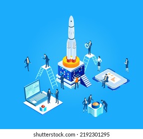 Isometric business environment infographic. Business people work together around big rocket, building big rocket, space technology, space industry, start up concept