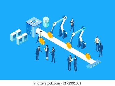 Isometric Business Environment Infographic. Business People Working Next To Conveyer Belt. Manufactory, Production Line, Producing, Chain Supply, Making Money