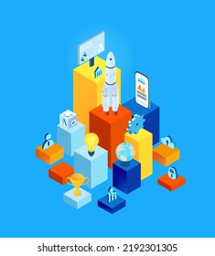Isometric business environment infographic. Business people work together around big rocket, building big rocket, space technology, space industry, start up concept