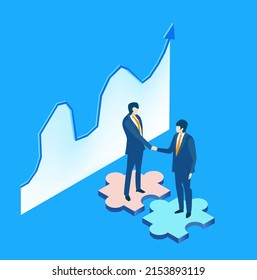Isometric business environment. Business people hand shake. New business, start up, technology, computing, automatisation, international business concept