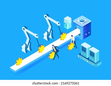 Isometric business environment. Business people next to conveyer belt. Manufactory, production line, producing, chain supply. 