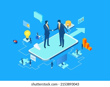 Isometric business environment. Business people shake hands, agreement to work as team, new business, start up, technology, computing, automatisation concept