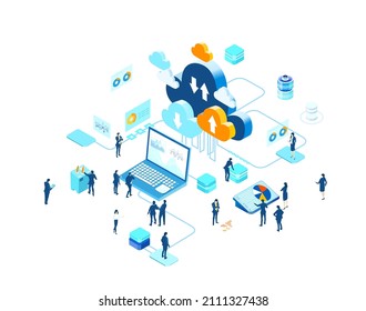 Isometric Business Environment. Business People, Team Working In Server Room, Big Data Analyse, New Business, Start Up, Technology, Computing, Automatisation Concept  