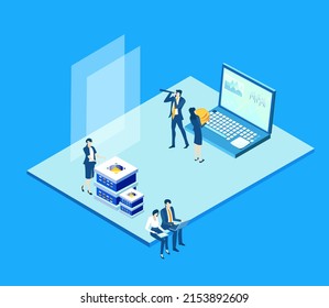 Isometric Business Environment. Business People, Team Working In Server Room, Big Data Analyse, New Business, Start Up, Technology, Computing, Automatisation Concept