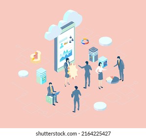 Isometric business environment. Business people, team working in server room, big data analyse, new business, start up, technology, computing, automatisation concept
