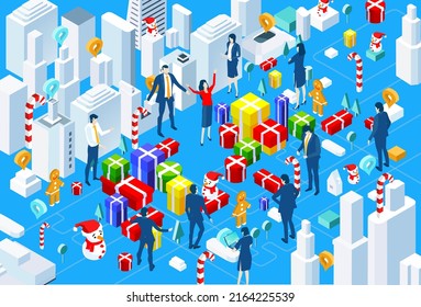 Isometric business environment. Business people, team gets Christmas presents. Bonus, celebrations, holiday concept illustration