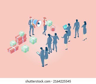 Isometric business environment. Business people, team gets Christmas presents. Bonus, celebrations, holiday concept illustration