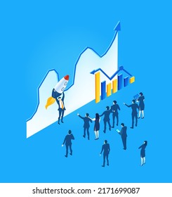 Isometric business environment. Business people, team working around rocket, new business, start up, technology, computing, automatisation concept