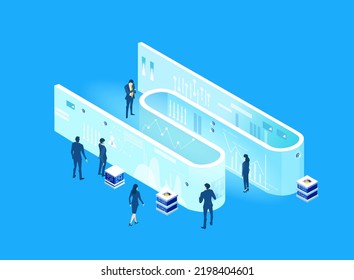 Isometric business environment with business people working and communicating in server room. Dig data concept, Technology, success, internet, data protection and personal security