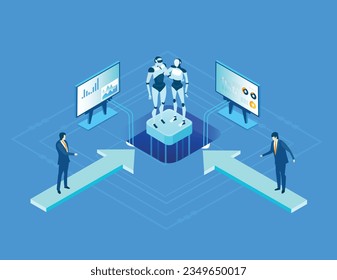 Isometric  business environment. Robots in server room. Technology, success, data protection and personal security infographic