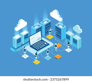 Entorno empresarial isométrico. Un espacio de servidor artificial, gente de negocios trabajando juntos, generando contenido fresco y nuevas ideas. Ilustración fográfica