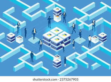 Isometric business environment. Isometric server room space, business people working together, generating fresh content and new ideas. Infographic illustration