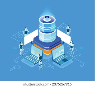 Isometric business environment. Isometric server room space, business people working together, generating fresh content and new ideas. Infographic illustration