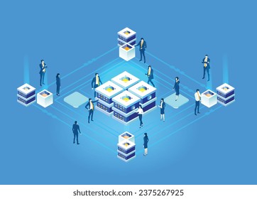 Isometric business environment. Isometric server room space, business people working together, generating fresh content and new ideas. Infographic illustration