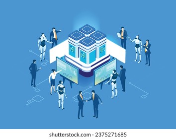 Isometric business environment. Isometric server room space, business people working together, generating fresh content and new ideas. Infographic illustration