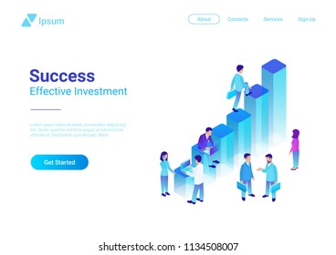 Isometric Business Finance Analytics Statistics Charts with People standing vector illustration.