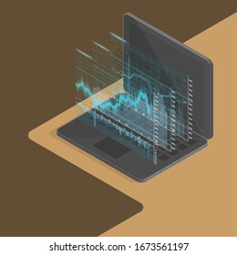 Isometric Business futuristic financial trading chart. Isometry Concept digital stock Market Trading diagram. Uptrend line graph chart stock numbers market arrow