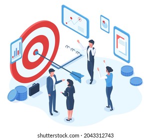 Isometric business goal successful achievement characters. Business office team goals achievement shooting target vector illustration. Successful business strategy. Business achievement by businessman