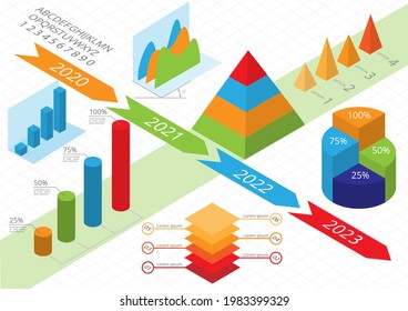 Isometric business graph infographic. Growth chart graphic data with guildline vector illustration. 