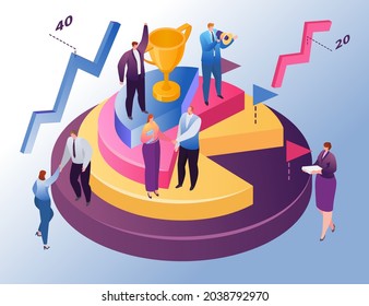 Gráfica de negocios isométrica, ilustración vectorial, pequeño personaje de mujer llana en la gráfica redonda con trofeo, informe de diagrama de finanzas.
