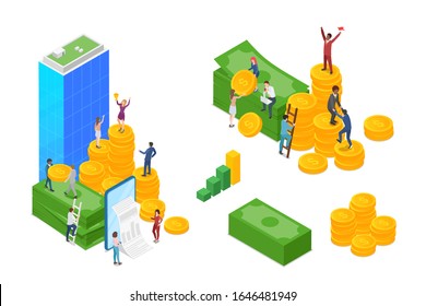 Isometric Business Grow Finance concept with Money gold coins charts statistics Flat vector illustration.