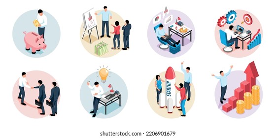 Isometric Business Growth Compositions Set With Startup Ideas Sucessful Negotiations And Other Corporative Success Symbols Isolated Vector Illustration