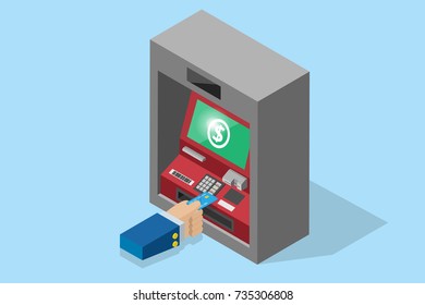 isometric business hand inserting credit card into ATM machine, technology and business concept