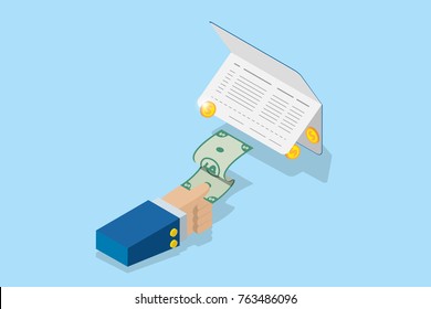 isometric business hand pull banknote from account passbook, financial and business concept