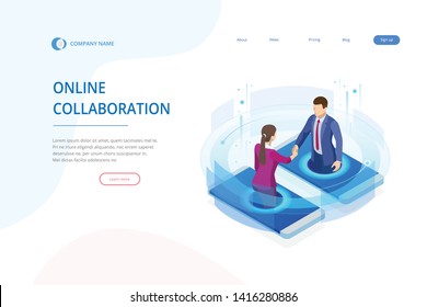 Isometric business handshake, global online collaboration, team collaboration, social network, and headhunting concept. Template landing page.