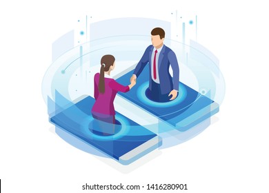 Isometric Business Handshake, Global Online Collaboration, Team Collaboration, Social Network, And Headhunting Concept. Template Landing Page.