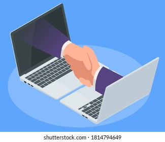 Isometric Business handshake through a laptop screen. Team and digital business concept. Internet Connection.