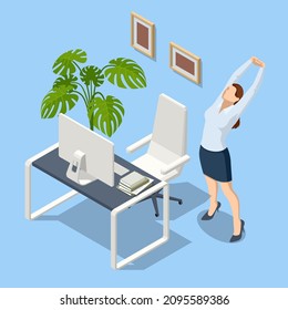 Isometric business and healthy lifestyle. Positive office worker distracted from work doing effective stretching exercises during the working day. Stretching exercise Worker doing stretching exercises