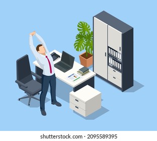 Isometric Business And Healthy Lifestyle. Positive Office Worker Distracted From Work Doing Effective Stretching Exercises During The Working Day. Stretching Exercise Worker Doing Stretching Exercises