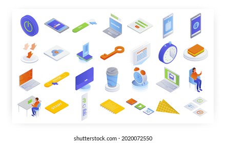 Isometric business icon set, vector isolated illustration. Software installation process, break reminder concept.
