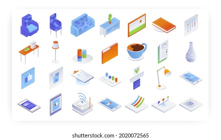 Isometric business icon set, ilustración vectorial. El confort del hogar, la ubicación de los muebles, el concepto de diseño interior.