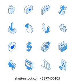 Icono de negocios isométricos en el contorno. Vector plano moderno Ilustración. Iconos de marketing en medios sociales.