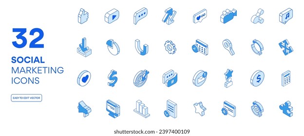Isometric business icons in outline. Modern flat vector Illustration. Social media marketing icons.