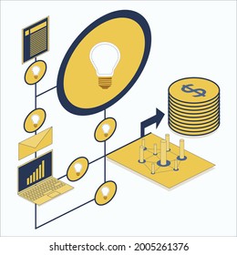 Isometric Business Illustration Concept About Combining Ideas For Company Advancement To Generate Profit And Not Loss , Suitable For Infographics