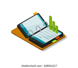 Isometric business infographic with smartphone vector illustration isolated on white background. Data chart on phone screen.