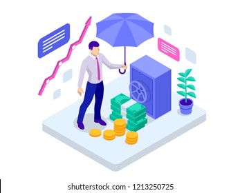 Isometric business insurance, investment insurance and money storage concept. Vector illustration