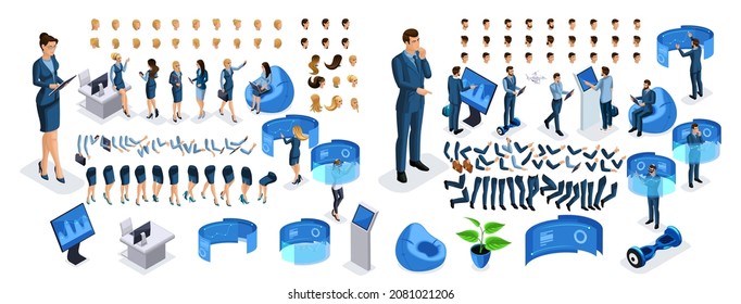 Isometric business lady and businessman with gadgets. Create your character, a set of emotions, gestures of hands, feet, hairstyles. Set 2.